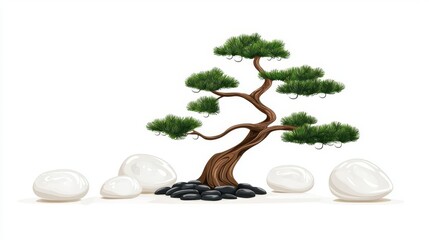 A serene bonsai tree with lush green leaves surrounded by smooth pebbles, symbolizing peace and tranquility.
