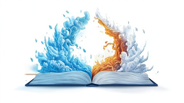 An artistic representation of an open book releasing vibrant waves of water and fire, symbolizing knowledge and creativity.
