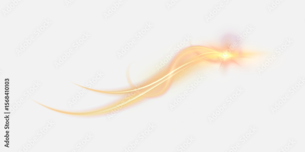 Poster Abstract glowing golden light path with curved lines and shining glare on white background. Vector magic stroke for fantasy scenes, dynamic glare, holiday design.
