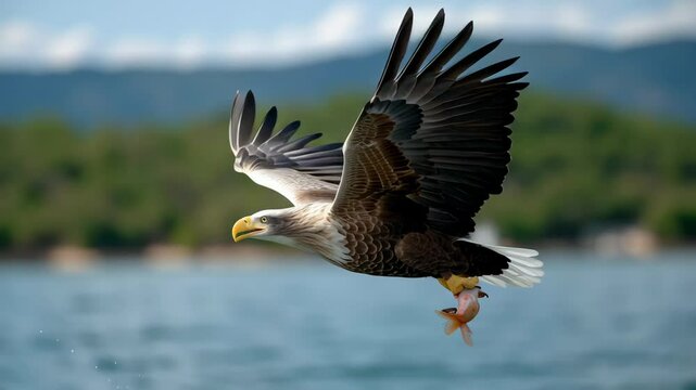 Large eagle is flying over a body of water, with a fish in its talons. The scene is serene and peaceful, with the eagle soaring high above the water