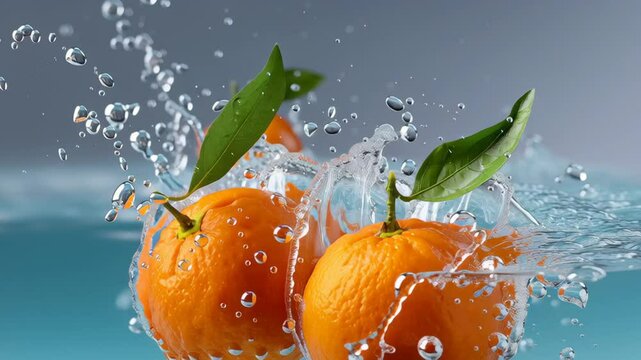Two oranges are floating in a pool of water. The water is clear and the oranges are bright orange