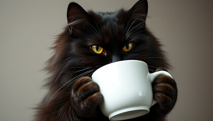 Photo of an intense black cat with yellow eyes drinks from a white mug
