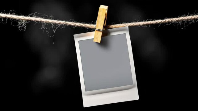 Photo of a photo frame hanging on a string. The photo is black and white