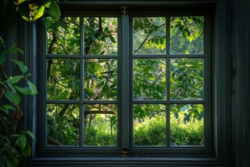 Sunlight illuminates vibrant green leaves seen through a multi paned window, creating a tranquil nature scene