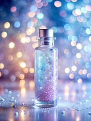 Sparkling glitter liquid in a glass bottle with bokeh lights background
