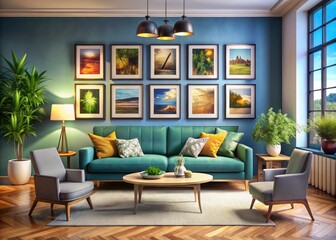 Modern living room photo frame mockup: perfect for showcasing interior design and wall art.