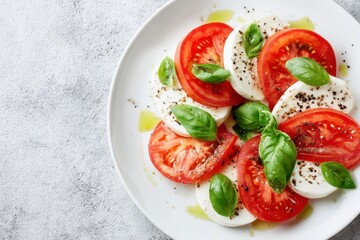 Fresh tomato and mozzarella salad arranged on a white plate, garnished with basil leaves, drizzled with olive oil, showcasing vibrant colors and textures of healthy cuisine