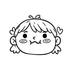 Cartoon girl with puffy cheeks and heart shapes in black outline  
