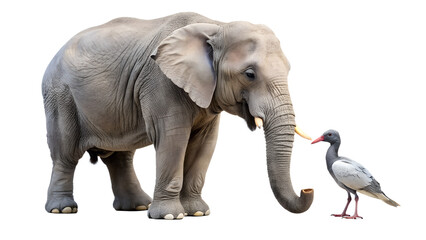 Obraz premium An elephant and a bird interact curiously