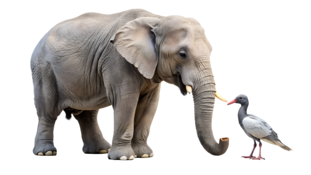 An elephant and a bird interact curiously