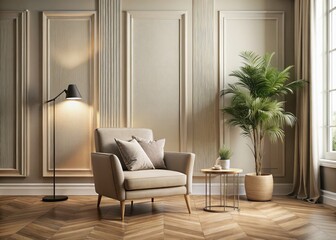 Modern luxury armchair and gray chair grace a beige room with parquet floors. Empty wall mockup â€“ ideal for design inspiration.
