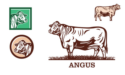 great angus standing in farm logo, silhouette of  happy healthy cattle vector illustrations