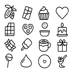 Chocolate and Sweet Treat Line Icons Set, ideal for dessert menus, confectionery packaging, food blogs, bakery branding, café design, Valentine's graphics, candy shop visuals, or recipe apps