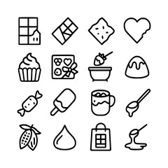 Chocolate and Sweet Treat Line Icons Set, ideal for dessert menus, confectionery packaging, food blogs, bakery branding, café design, Valentine's graphics, candy shop visuals, or recipe apps