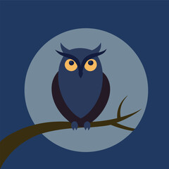 Owl On Branch Under Moon Silhouette Illustration