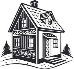 Charming Black and White Illustration of a Traditional House