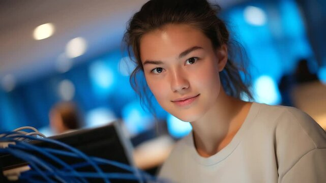 Engineer Configuring Network with Router and Cables in Modern Office