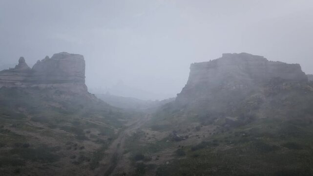 3D. USA. Nebraska. Scotts Bluff. Snow and fog in Mitchell Pass