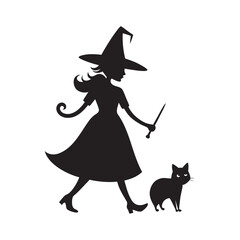 Witch And Black Cat Walking Together Silhouette