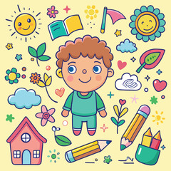 Kids Crayon Hand-Drawn Background, Cute Pencil Sketch Pattern with Flowers, Rainbow, Sun, and House
