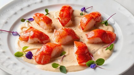 Succulent lobster medallions with cream sauce and microgreens on elegant white plate