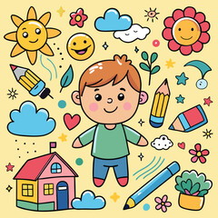 Kids Crayon Hand-Drawn Background, Cute Pencil Sketch Pattern with Flowers, Rainbow, Sun, and House
