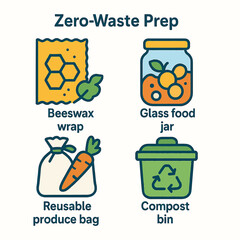 Fototapeta premium Zero-waste preparation methods illustrated with beeswax wraps, glass jars, reusable produce bags, and compost bins.