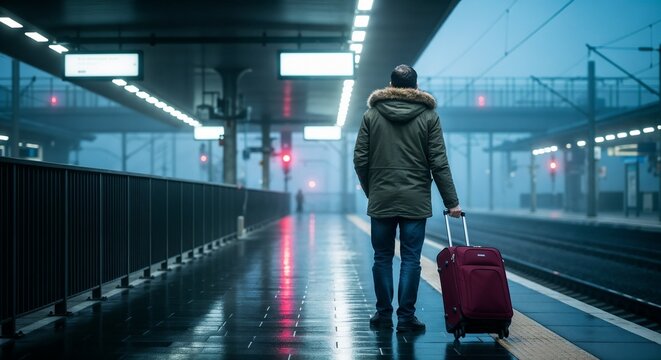 Man walking with suitcase on rainy train station platform at night  