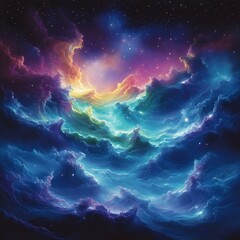 A mesmerizing cosmic scene showcasing vibrant swirling colors, ethereal clouds, and a sparkling starry sky, evoking a sense of wonder and tranquility.