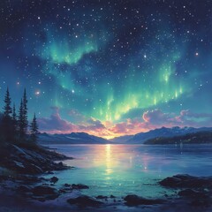A breathtaking night sky illuminated by northern lights over a calm lake, reflecting vibrant colors, with mountains and trees in the foreground.