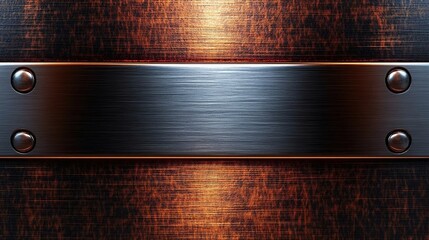 A close-up view of a textured metal surface featuring a prominent, polished steel plate with rivets against a rich, dark background.