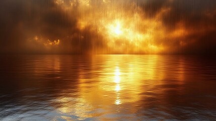 A breathtaking view of a sunset over calm waters, with radiant oranges and yellows reflecting off the gentle waves and dramatic cloudy sky.