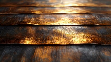 A close-up of textured metallic sheets with a blend of warm, shiny copper and dark shadows creating a unique visual appeal.