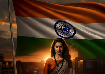 India Independence Day Celebration Advertisement with Woman and National Flag 15 August Celebration