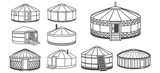 Vector Set of Yurt Silhouette Icons for Nomadic and Traditional Design
