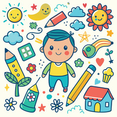 Kids Crayon Hand-Drawn Background, Cute Pencil Sketch Pattern with Flowers, Rainbow, Sun, and House
