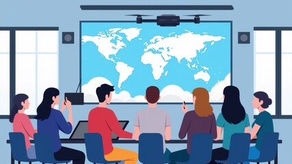 group people sitting conference room large screen center screen displays world map blue white colors people sitting blue chairs facing screen attentively listening presentation holding hands appear