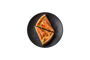 Quiche, salmon pie, broccoli, cheese. Quiche tart with fish and vegetables, cheese
