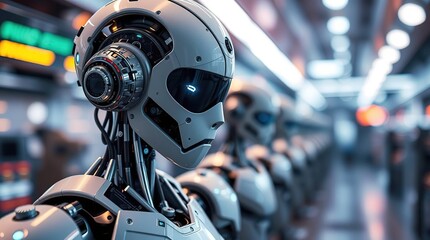 Fototapeta premium Advanced Robots in Futuristic Factory.