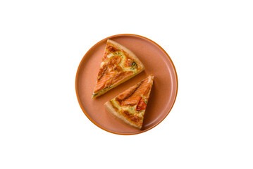 Quiche, salmon pie, broccoli, cheese. Quiche tart with fish and vegetables, cheese