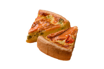 Quiche, salmon pie, broccoli, cheese. Quiche tart with fish and vegetables, cheese