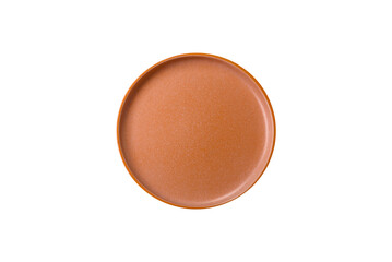 Empty round black plate for food, kitchen utensils on dining table. Empty plate