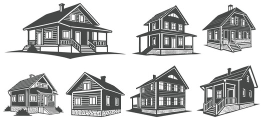 Vintage House Vector Set – Retro Cottage and Cabin Illustrations Collection
