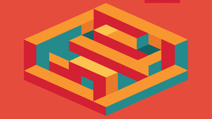 Abstract isometric illustration of a colorful geometric maze design on a red backdrop