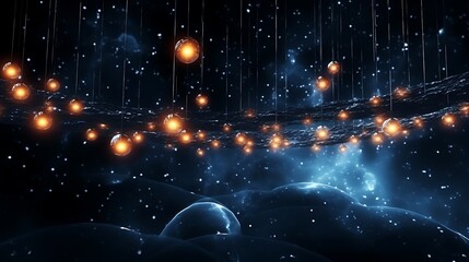 Floating, glowing data cables suspended in a dark void resembling outer space, each cable pulsing with energy.