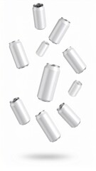Fototapeta premium Falling White Aluminum Cans on White Background
