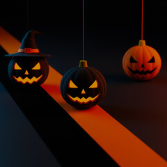 Eerie Halloween Pumpkins Glowing Black Jack o Lanterns Witchs Hat Hanging Orange Jack o Lantern Diagonal Grey Orange Surface Striking Festive Eerie