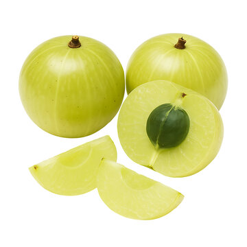 Whole and sliced indian gooseberries isolated on transparent background