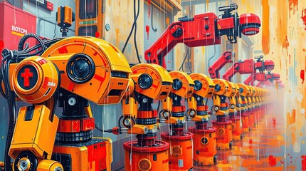 Robotic arms stand aligned in wet scene