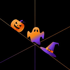 Dynamic Halloween Symbols Jack o Lantern Gradient Ghost Witchs Hat on Black Glowing Orange Purple Lines Abstract Design with Depth Movement